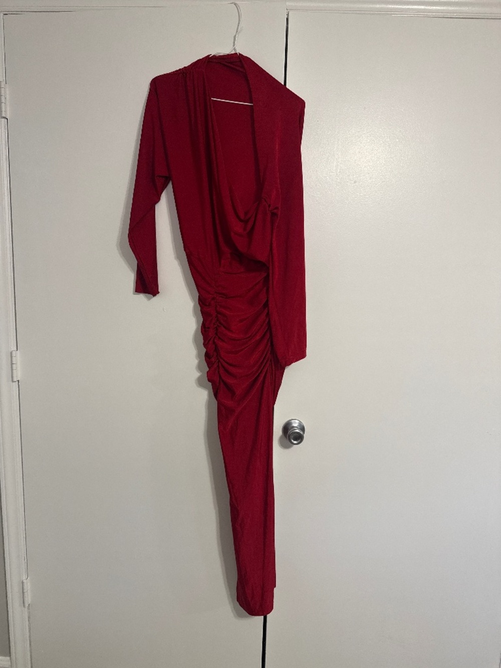 Red Ruched Long Sleeve Maxi Dress